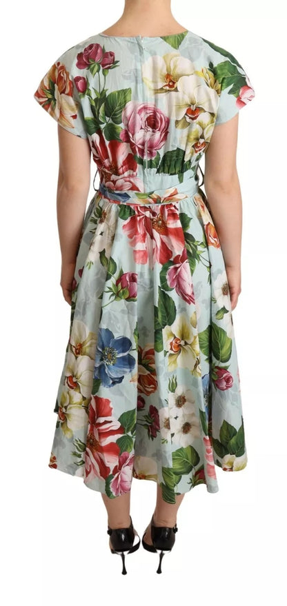 Dolce &amp; Gabbana Green Floral Short Sleeves Cotton V-neck Dress