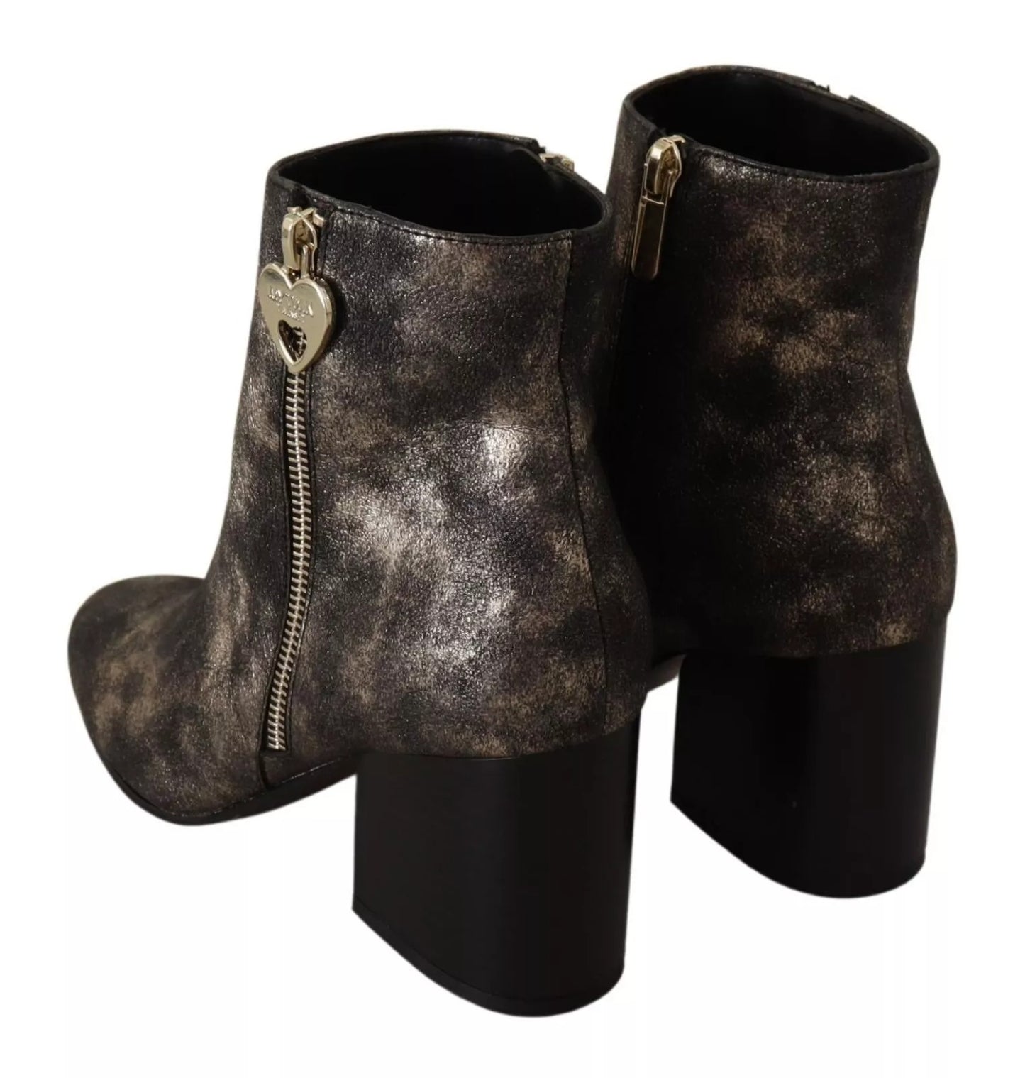 MY TWIN Black Leather Block Heels Ankle Boots Zipper Shoes by MY TWIN