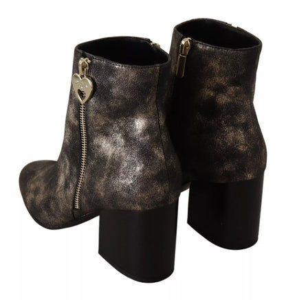 MY TWIN Black Leather Block Heels Ankle Boots Zipper Shoes by MY TWIN