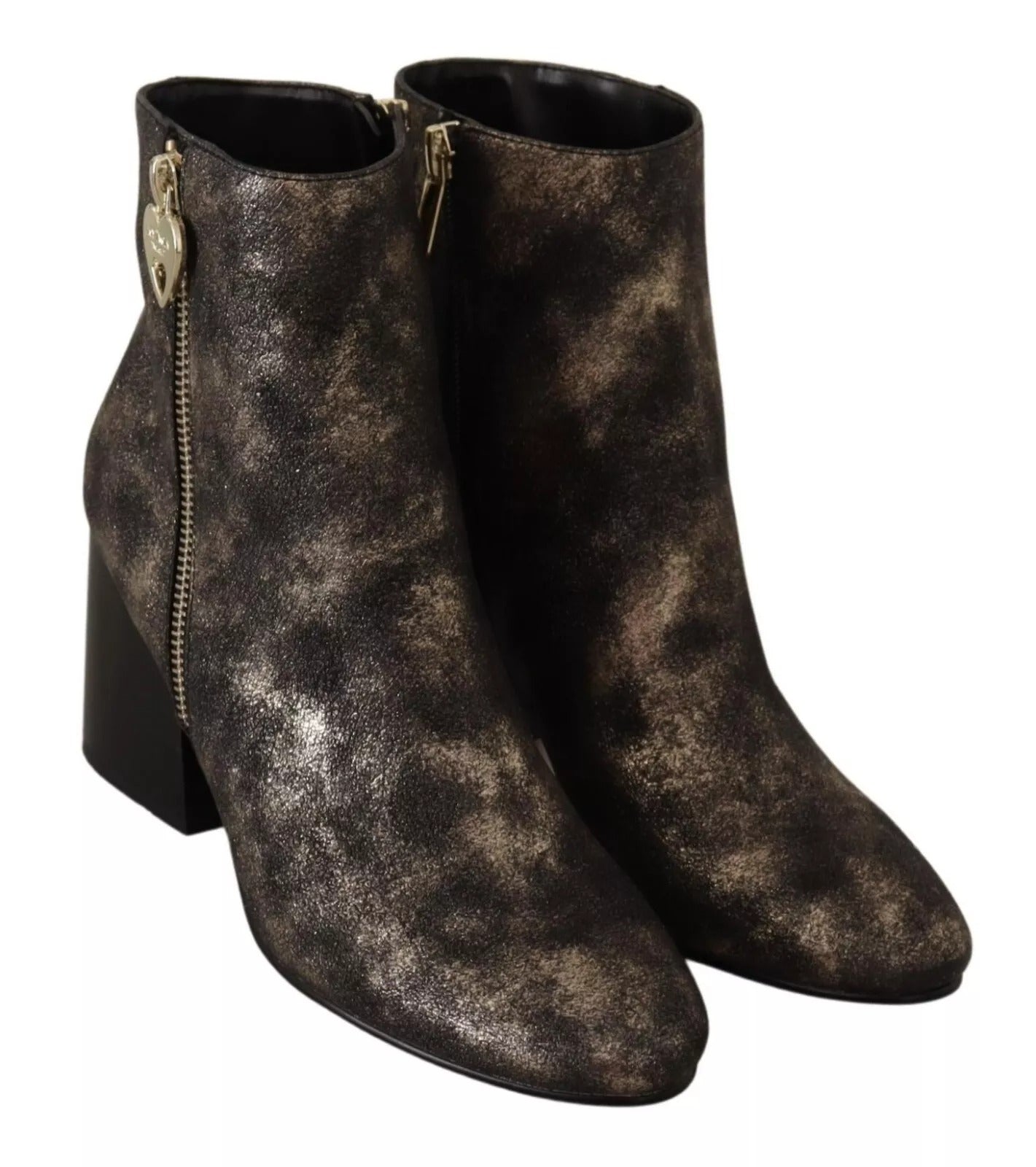 MY TWIN Black Leather Block Heels Ankle Boots Zipper Shoes by MY TWIN
