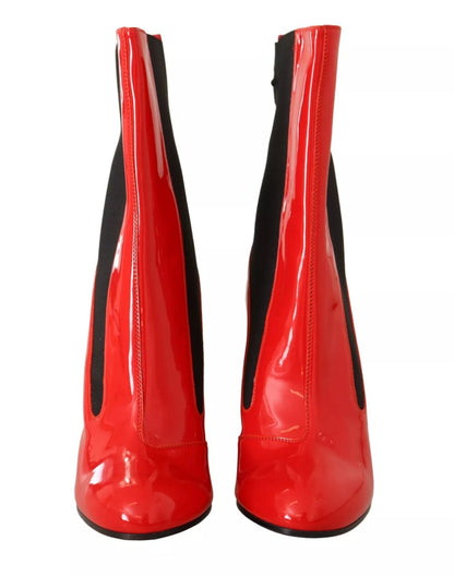 Bottines à talons en cuir rouge et tissu noir avec logo GCDS