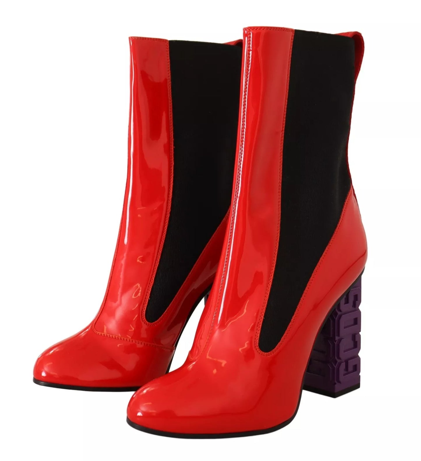 Bottines à talons en cuir rouge et tissu noir avec logo GCDS