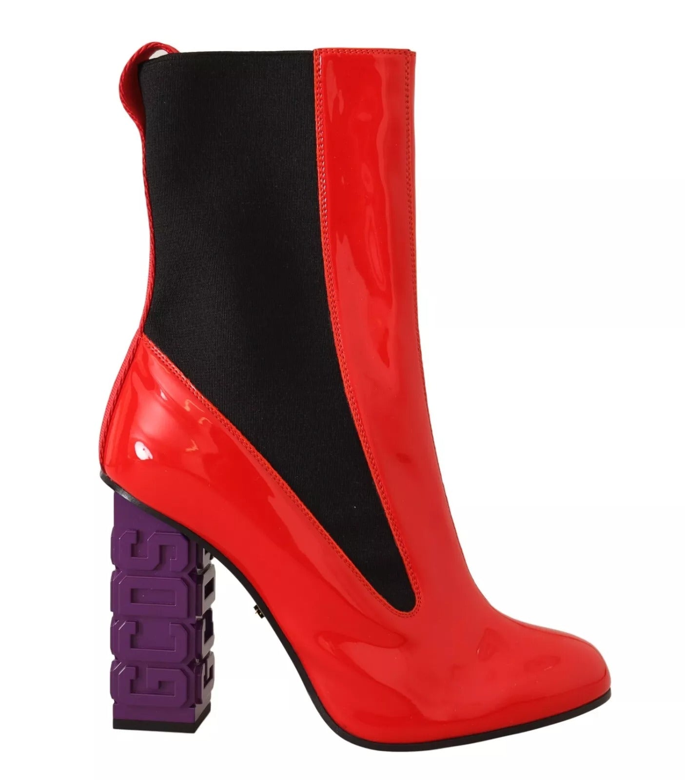 Bottines à talons en cuir rouge et tissu noir avec logo GCDS