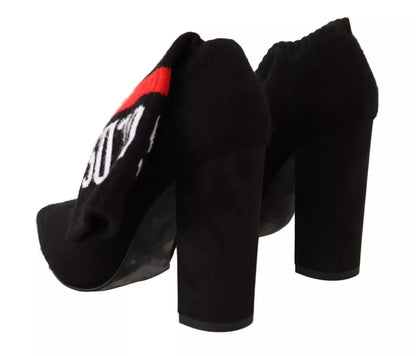 GCDS Black Suede Logo Socks Block Heel Ankle Boots Shoes by GCDS