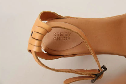 See By Chloé Brown Leather Studded Ankle Strap Sandals Shoes by See By Chloé