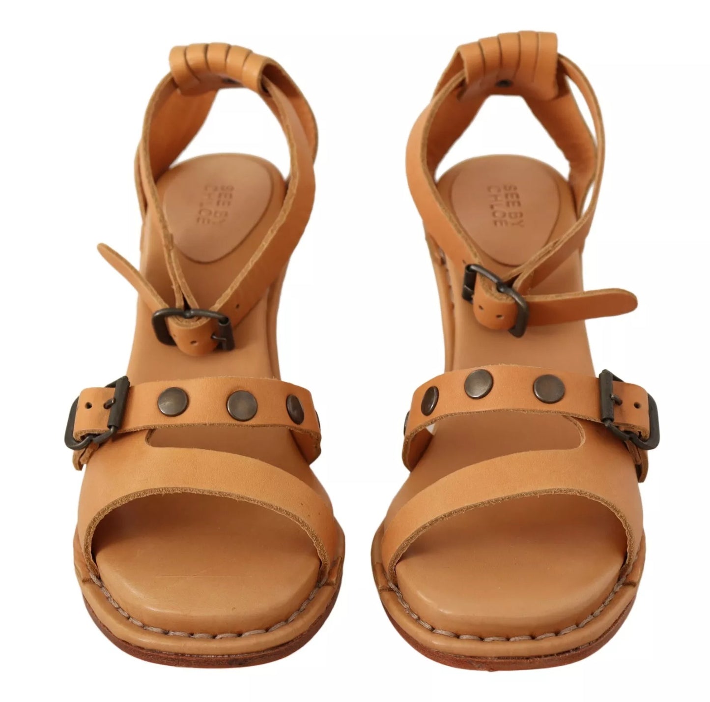 See By Chloé Brown Leather Studded Ankle Strap Sandals Shoes by See By Chloé