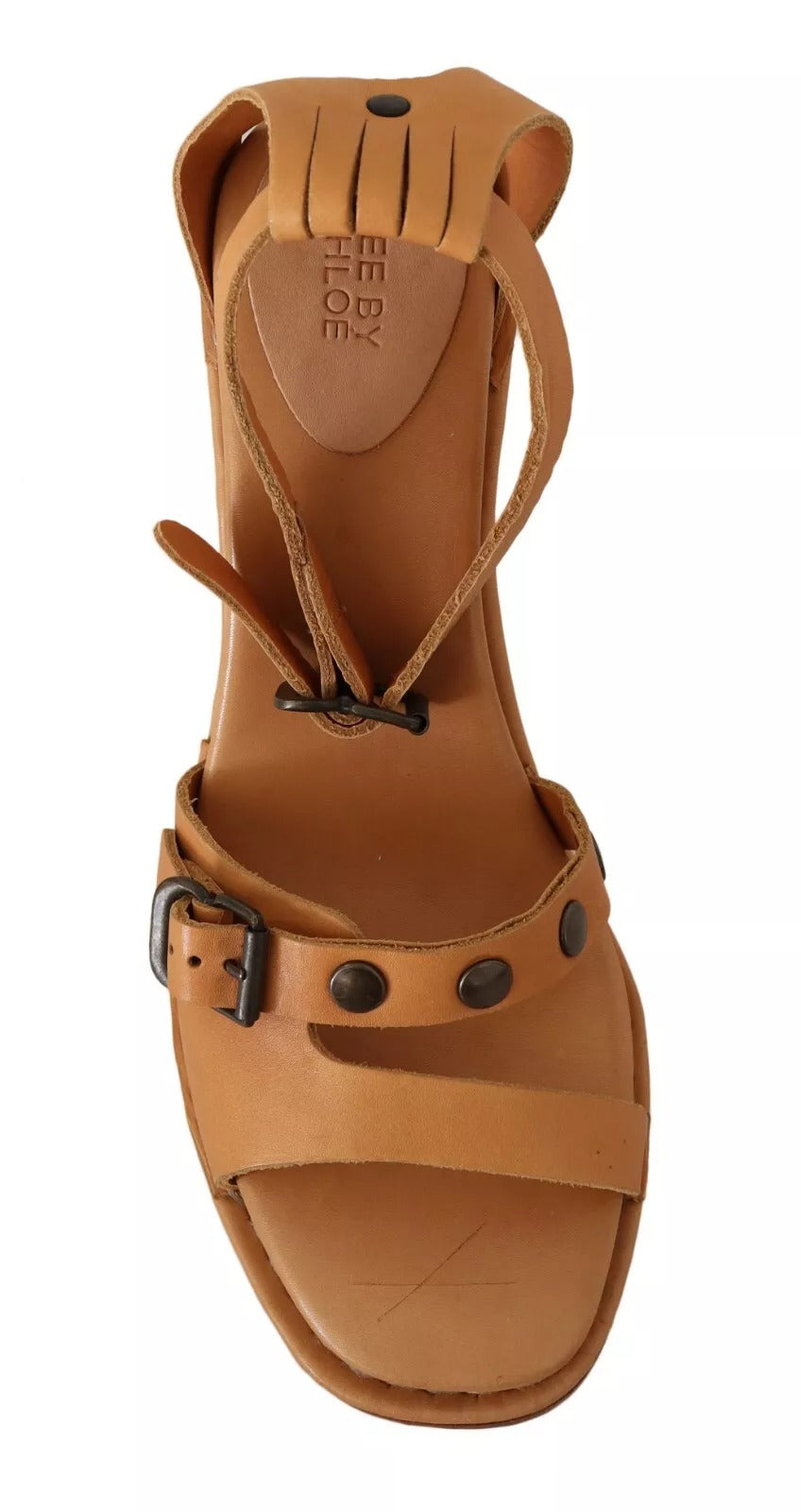 See By Chloé Brown Leather Studded Ankle Strap Sandals Shoes by See By Chloé