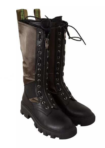 Gaelle Black Green High Combat Boots Lace Up Military Shoes by Gaelle