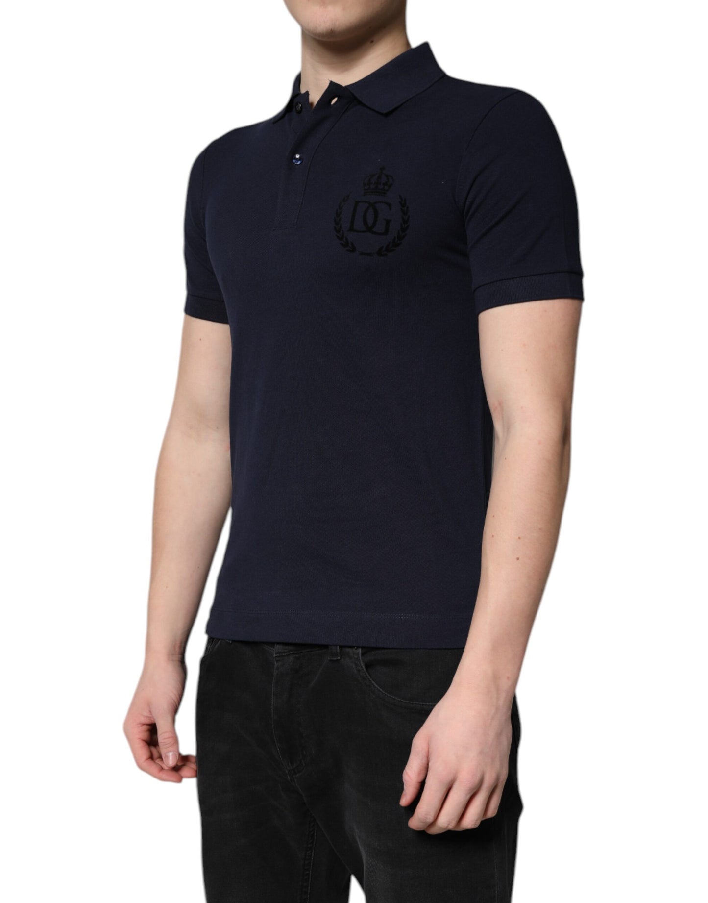 Dolce & Gabbana Dark Blue Cotton Crown Collared Polo T-shirt by Dolce & Gabbana