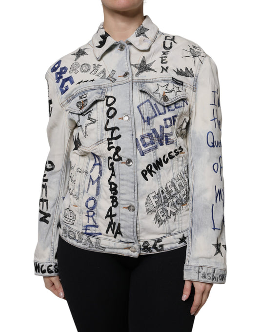 Dolce &amp; Gabbana Light Blue Graffiti Button Down Denim Jacket