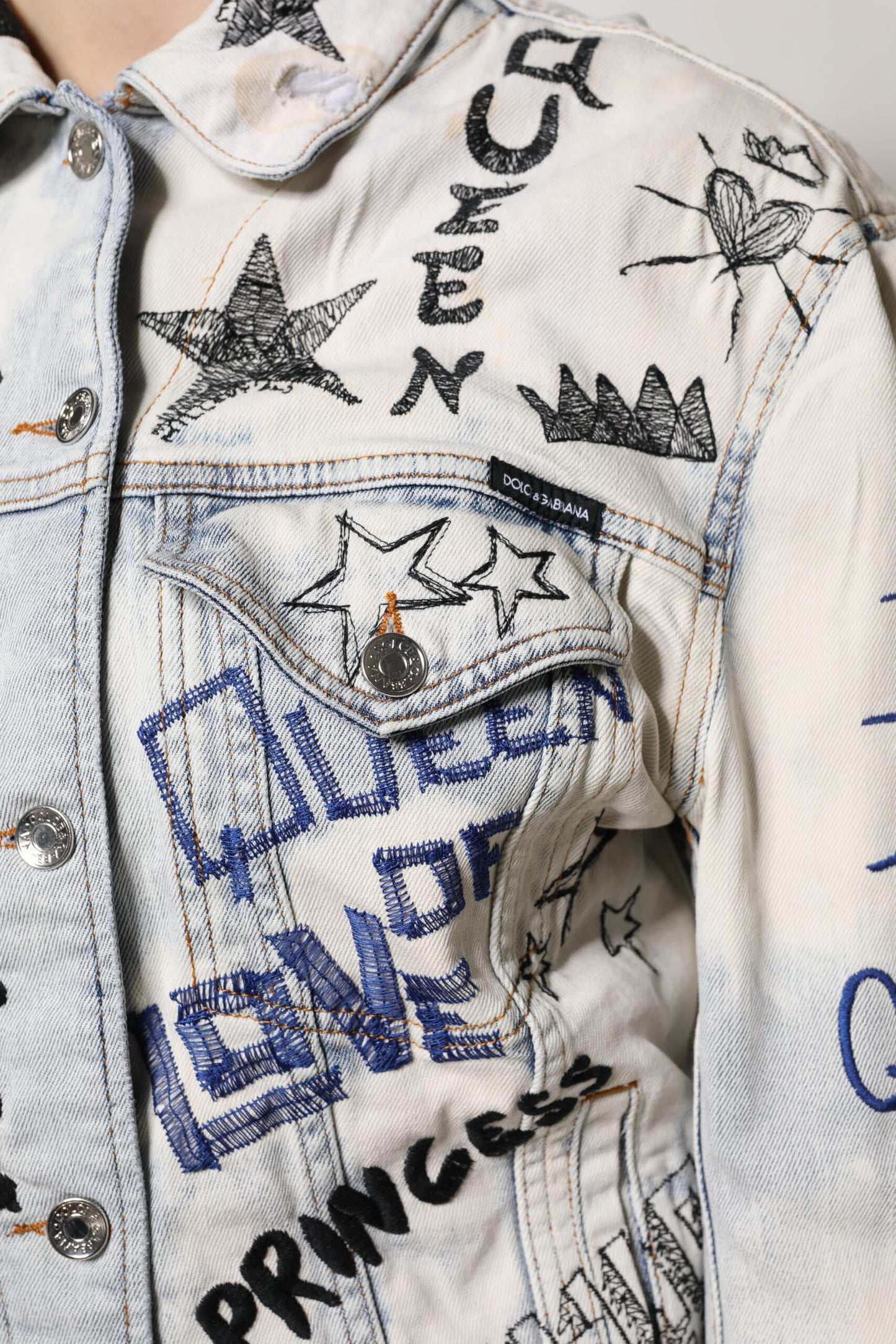 Dolce &amp; Gabbana Light Blue Graffiti Button Down Denim Jacket