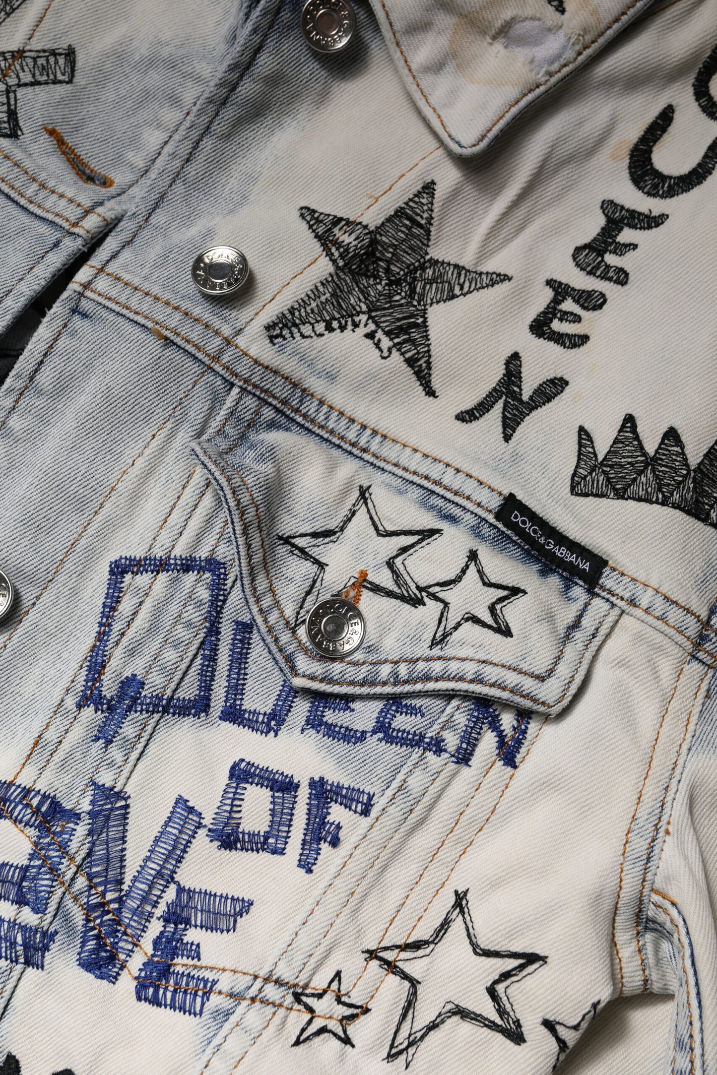 Dolce &amp; Gabbana Light Blue Graffiti Button Down Denim Jacket