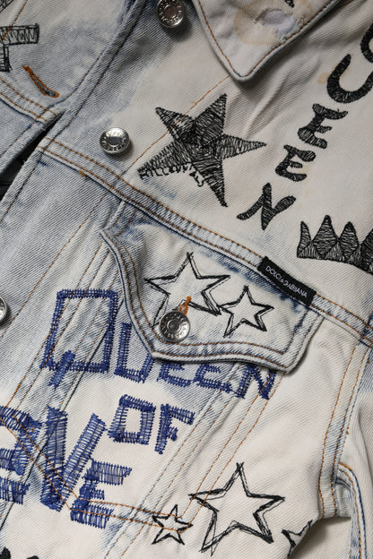 Dolce &amp; Gabbana Light Blue Graffiti Button Down Denim Jacket