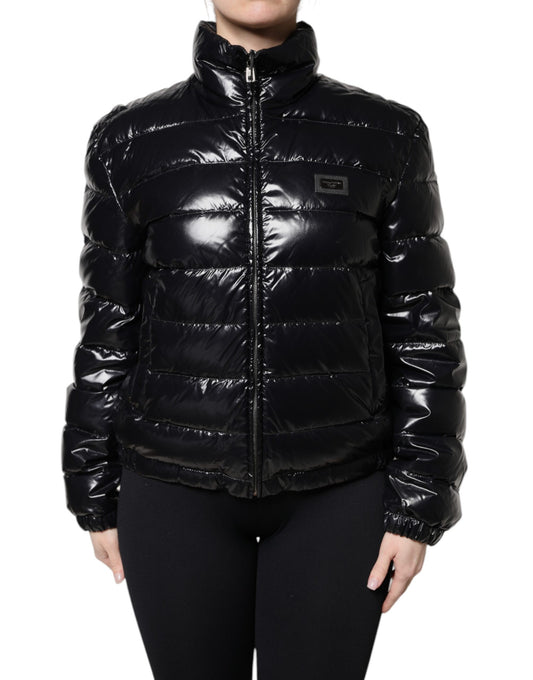 Dolce &amp; Gabbana Black Logo Plaque Full Zip Puffer Jacket