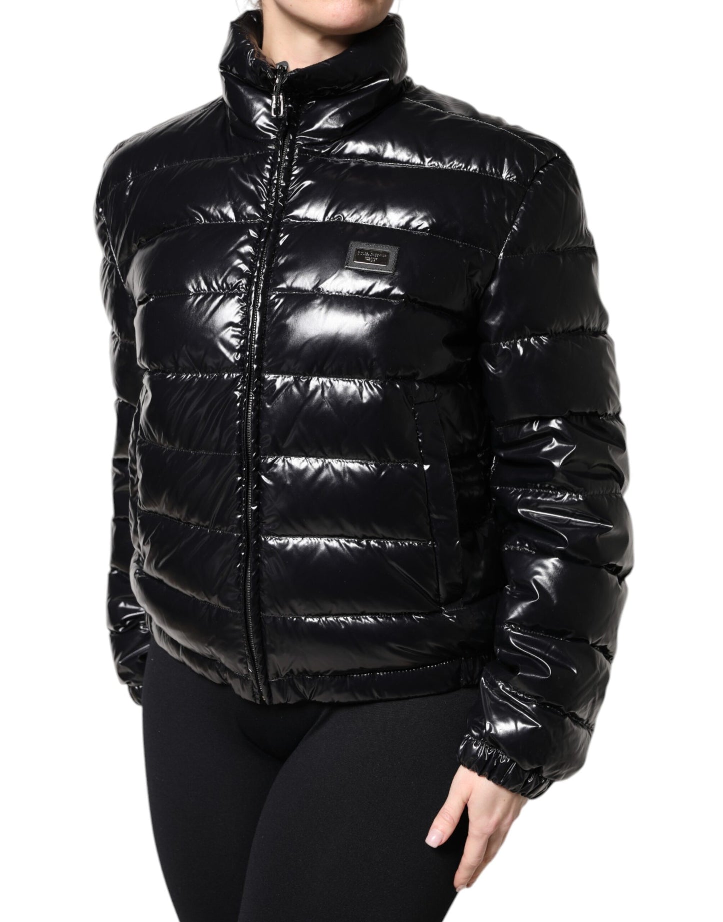 Dolce &amp; Gabbana Black Logo Plaque Full Zip Puffer Jacket