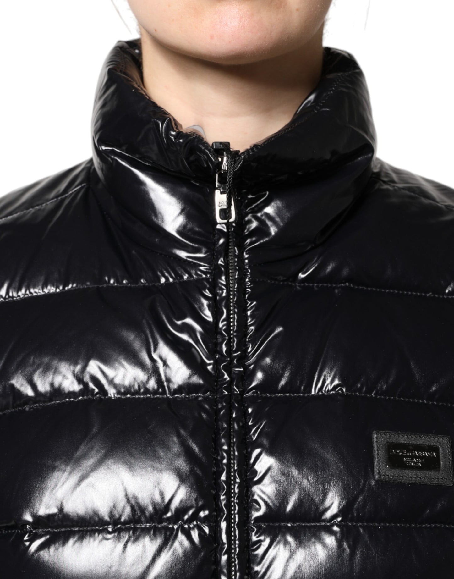 Dolce &amp; Gabbana Black Logo Plaque Full Zip Puffer Jacket