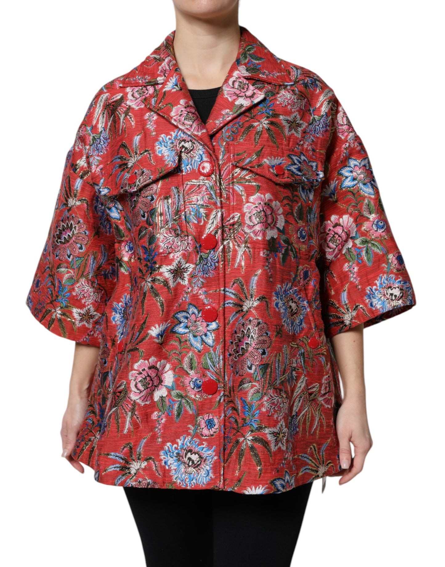 Dolce &amp; Gabbana Red Floral Jacquard Button Down Coat Jacket