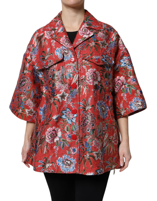 Dolce &amp; Gabbana Red Floral Jacquard Button Down Coat Jacket