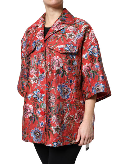 Dolce &amp; Gabbana Red Floral Jacquard Button Down Coat Jacket