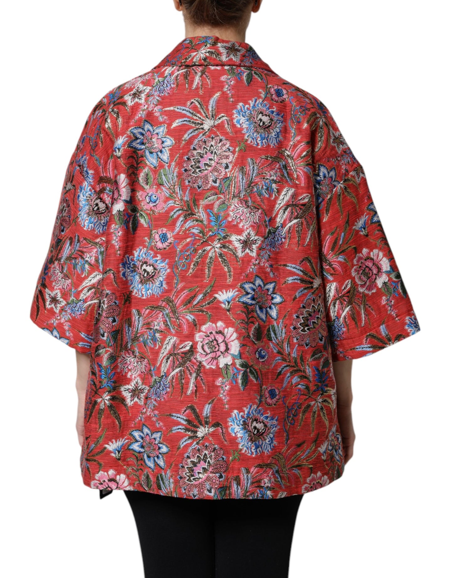 Dolce &amp; Gabbana Red Floral Jacquard Button Down Coat Jacket