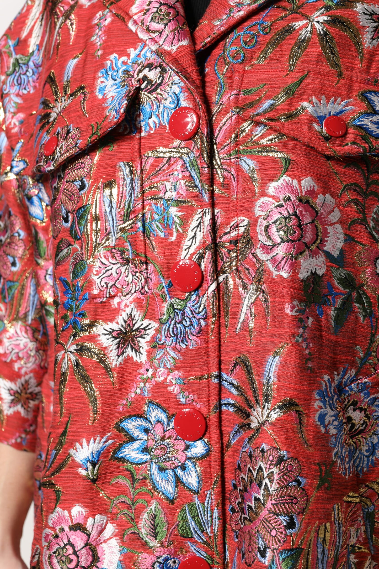 Dolce &amp; Gabbana Red Floral Jacquard Button Down Coat Jacket