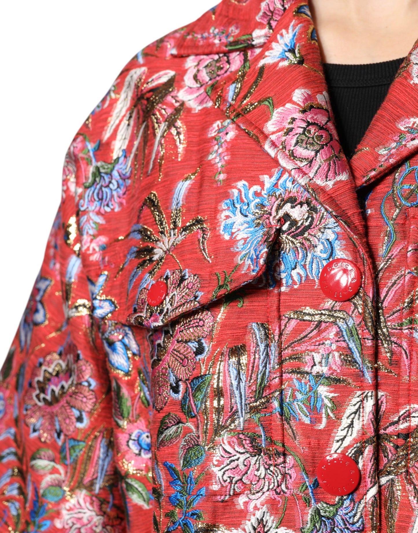 Dolce &amp; Gabbana Red Floral Jacquard Button Down Coat Jacket