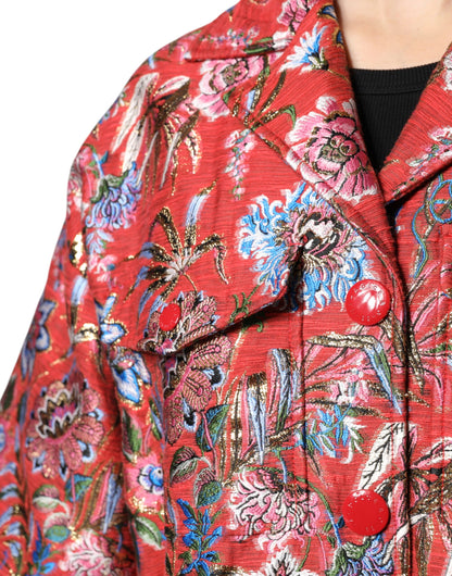 Dolce &amp; Gabbana Red Floral Jacquard Button Down Coat Jacket