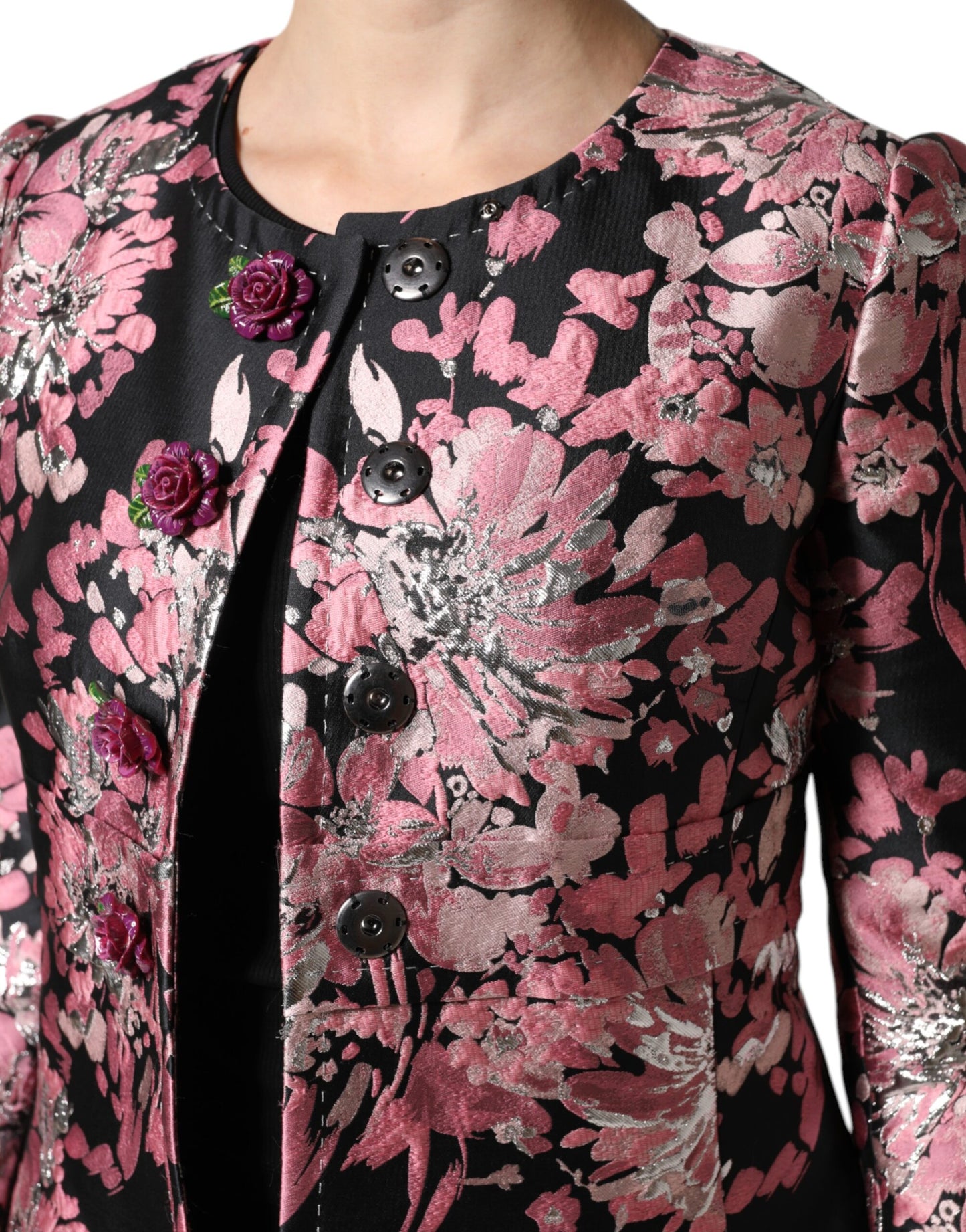 Dolce &amp; Gabbana Pink Black Floral Brocade Trench Coat Jacket