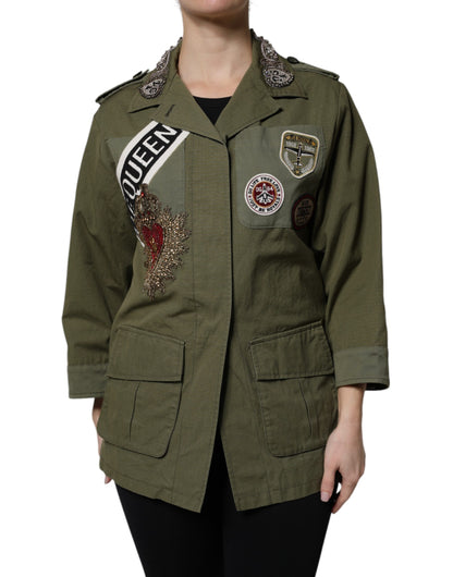 Dolce &amp; Gabbana Military Green Queen Embellished Coat Jacket