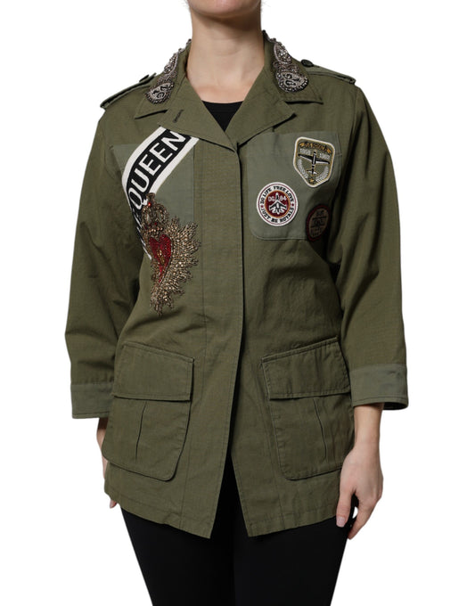 Dolce &amp; Gabbana Military Green Queen Embellished Coat Jacket