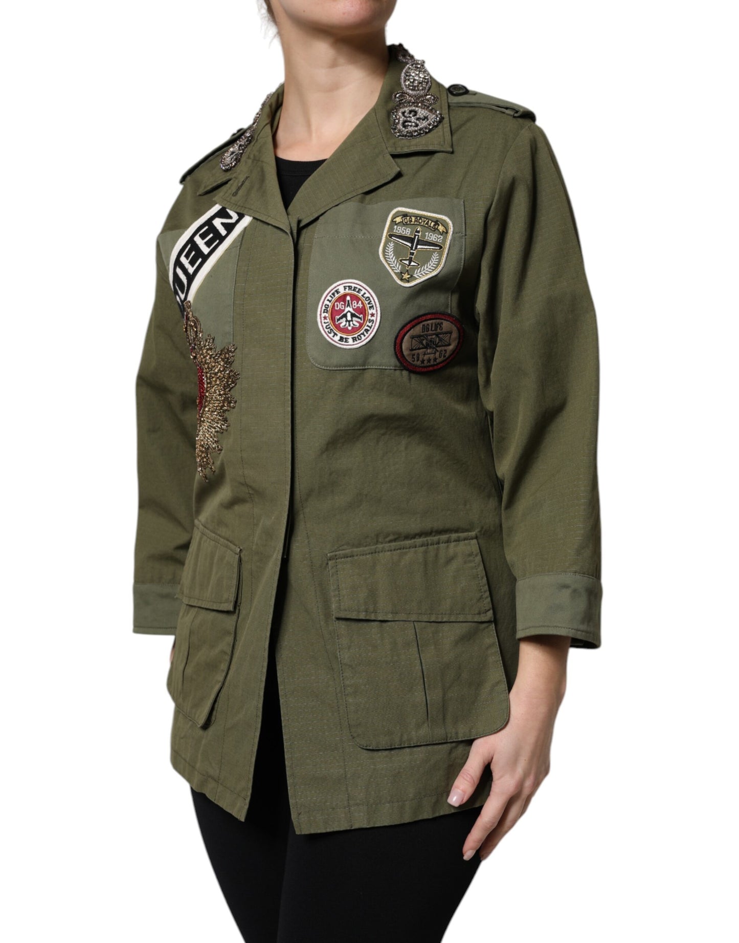 Dolce &amp; Gabbana Military Green Queen Embellished Coat Jacket