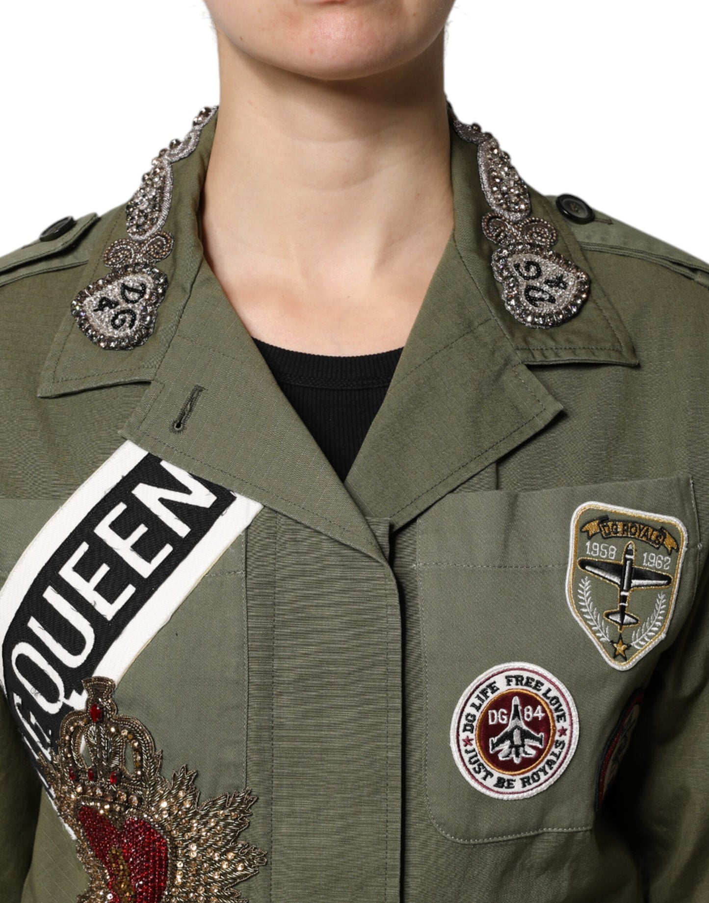 Dolce &amp; Gabbana Military Green Queen Embellished Coat Jacket