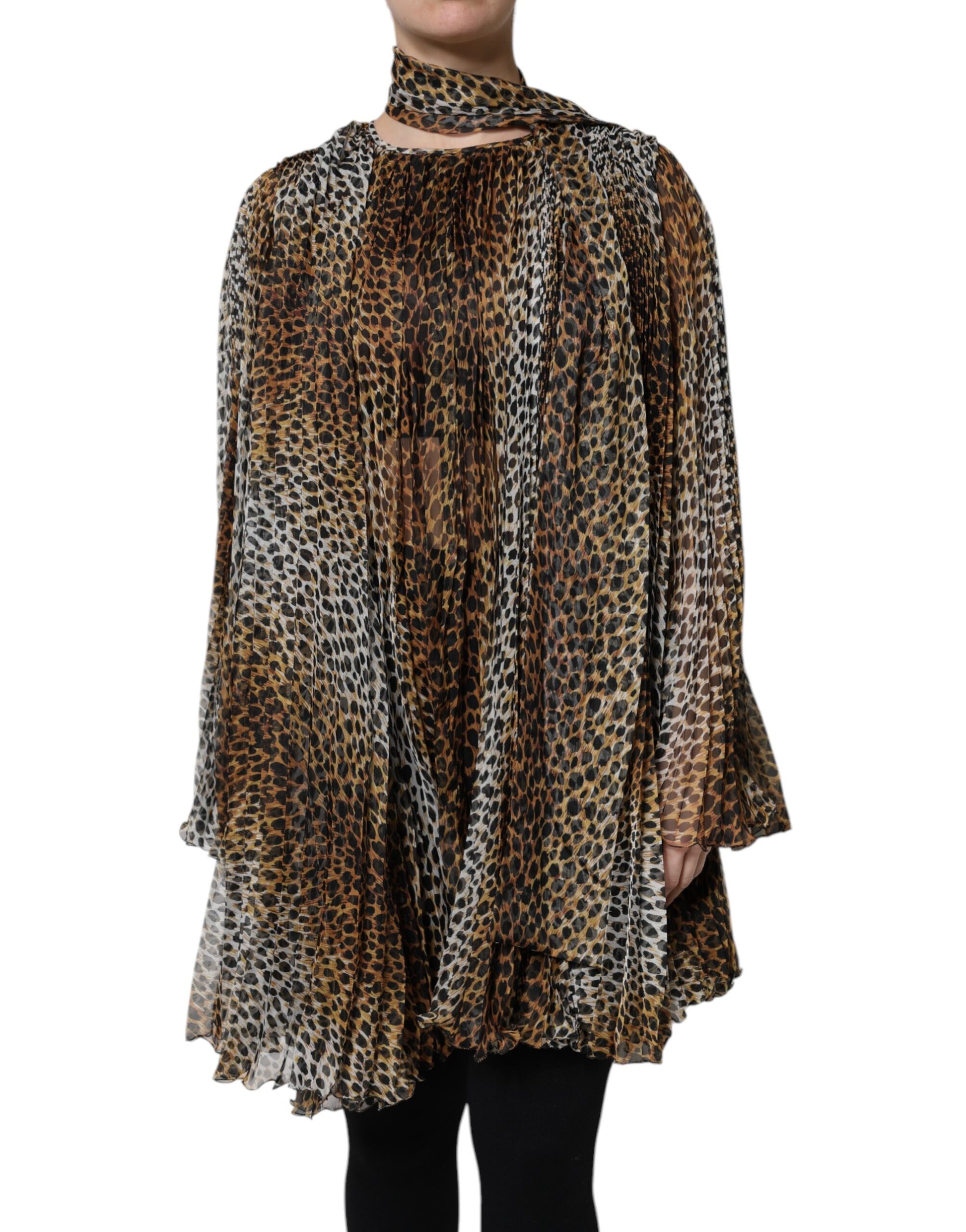 Dolce & Gabbana Brown Leopard Print Scarf Collared Chiffon Dress by Dolce & Gabbana