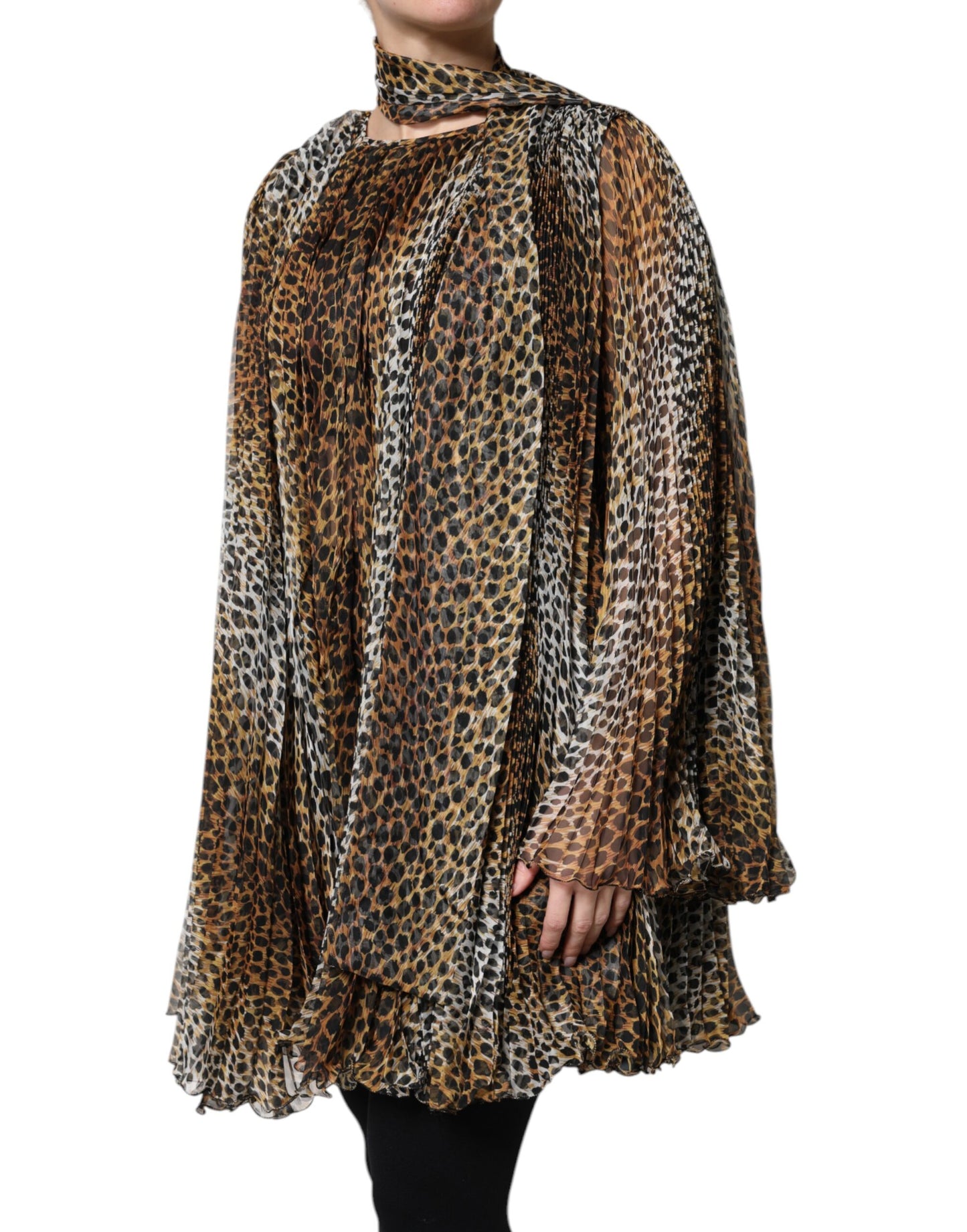 Dolce & Gabbana Brown Leopard Print Scarf Collared Chiffon Dress by Dolce & Gabbana
