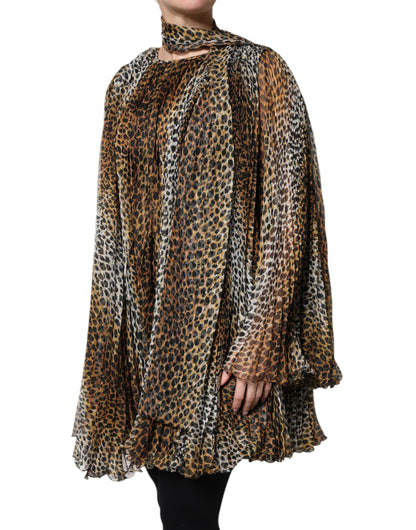 Dolce & Gabbana Brown Leopard Print Scarf Collared Chiffon Dress by Dolce & Gabbana