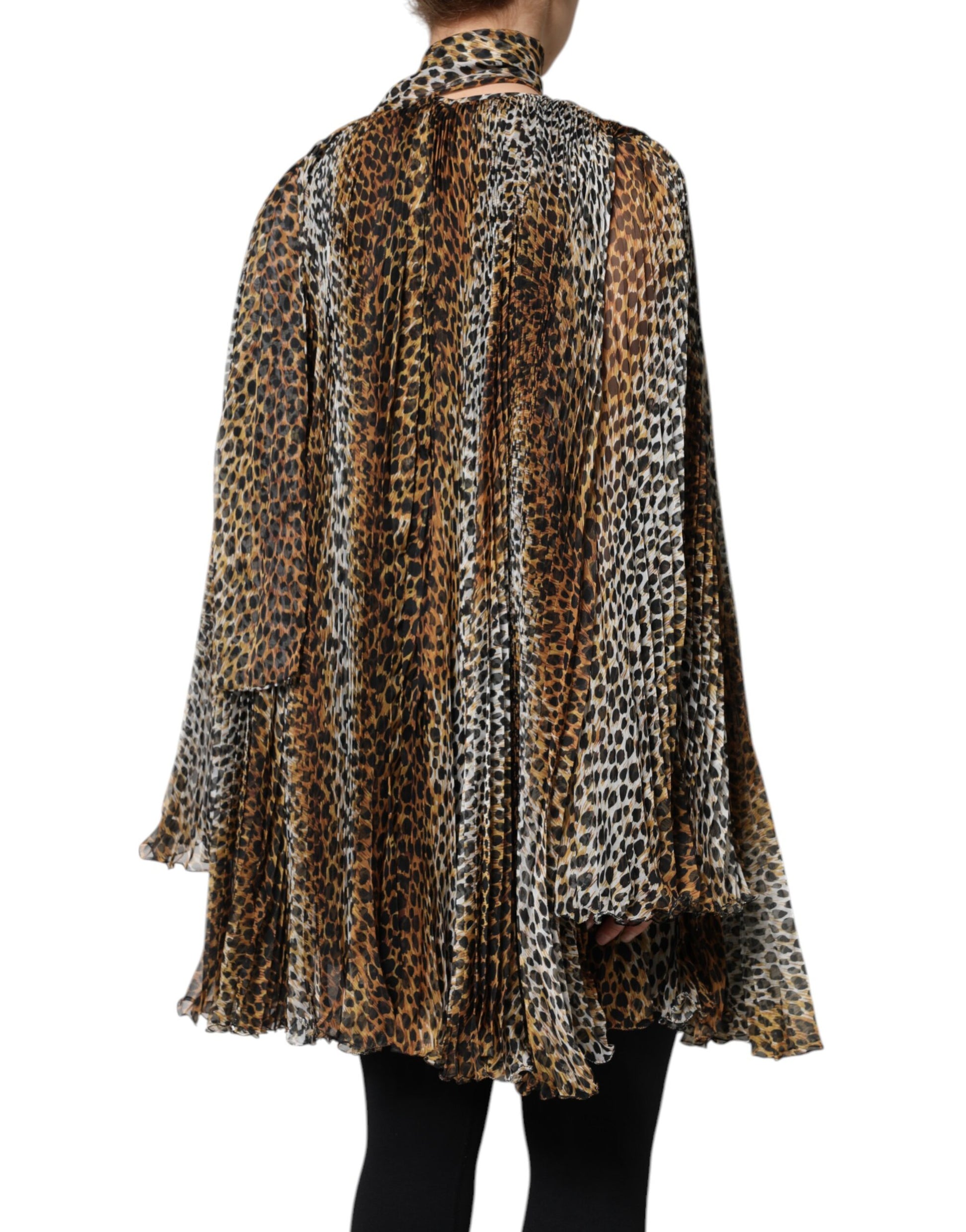 Dolce & Gabbana Brown Leopard Print Scarf Collared Chiffon Dress by Dolce & Gabbana