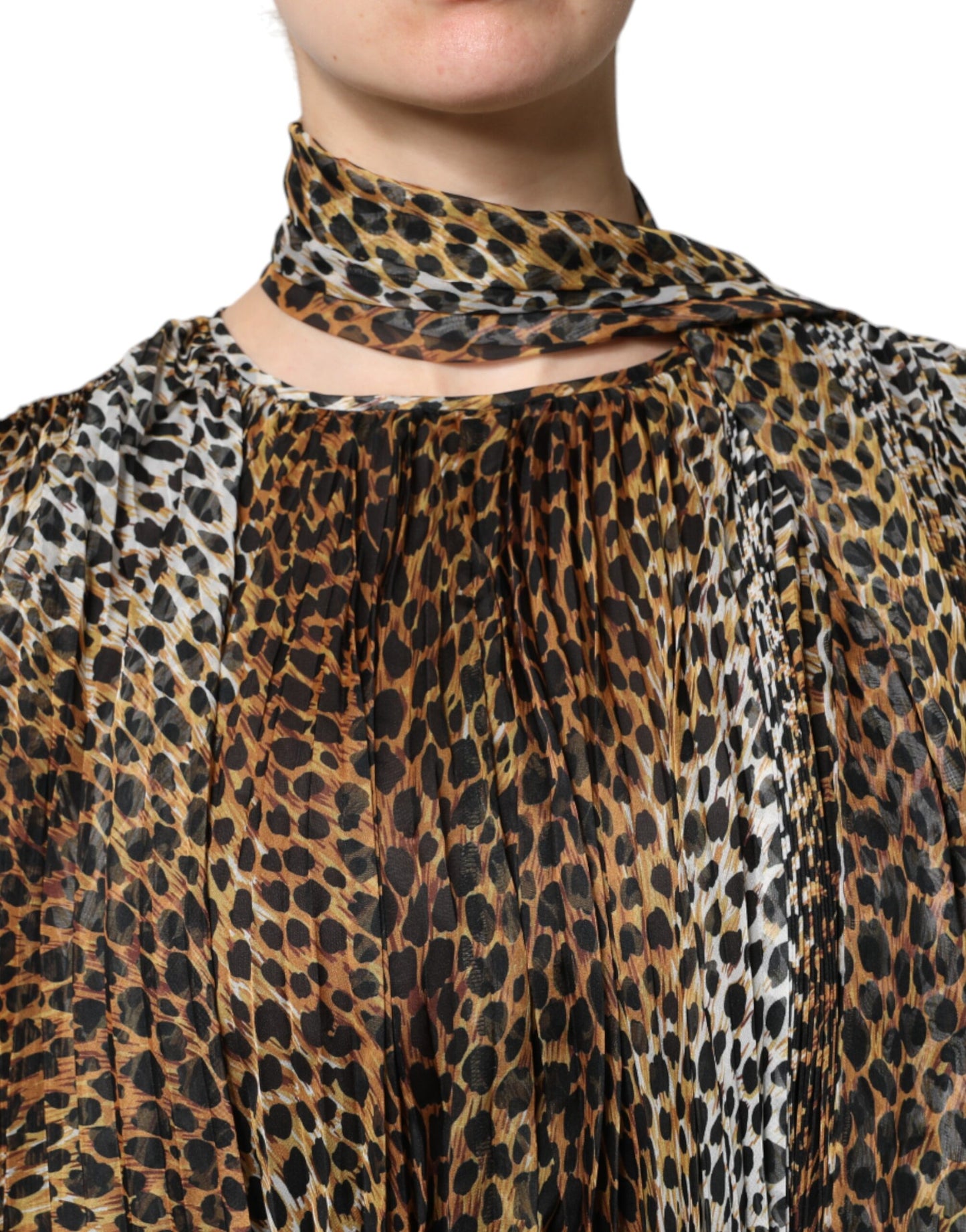 Dolce & Gabbana Brown Leopard Print Scarf Collared Chiffon Dress by Dolce & Gabbana