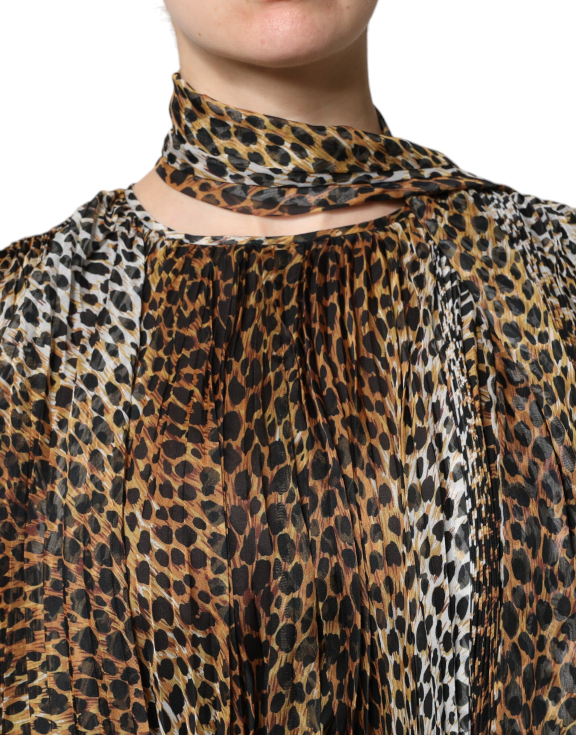 Dolce & Gabbana Brown Leopard Print Scarf Collared Chiffon Dress by Dolce & Gabbana