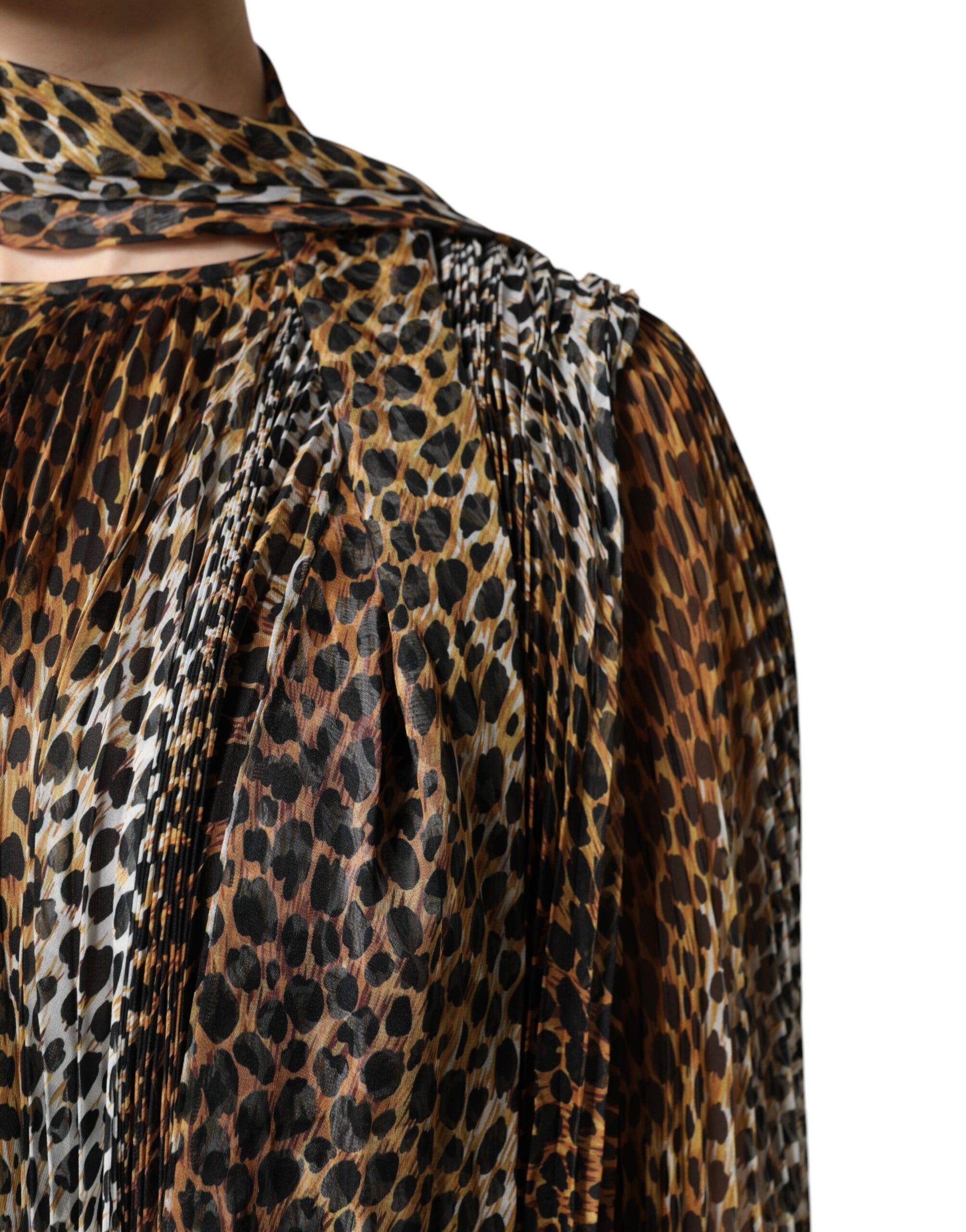Dolce & Gabbana Brown Leopard Print Scarf Collared Chiffon Dress by Dolce & Gabbana