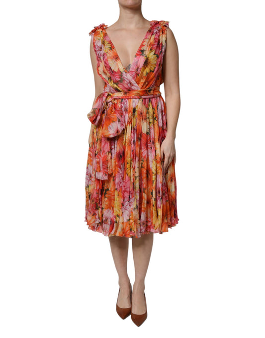 Robe en mousseline de soie à col en V et imprimé floral multicolore Dolce &amp; Gabbana