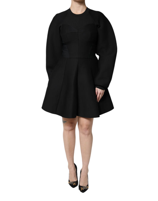 Robe courte trapèze à manches longues en coton noir Dolce &amp; Gabbana