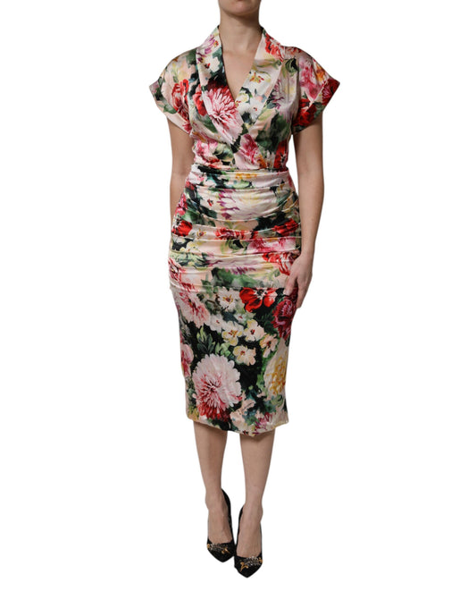 Robe fourreau mi-longue à manches courtes et imprimé floral multicolore Dolce &amp; Gabbana