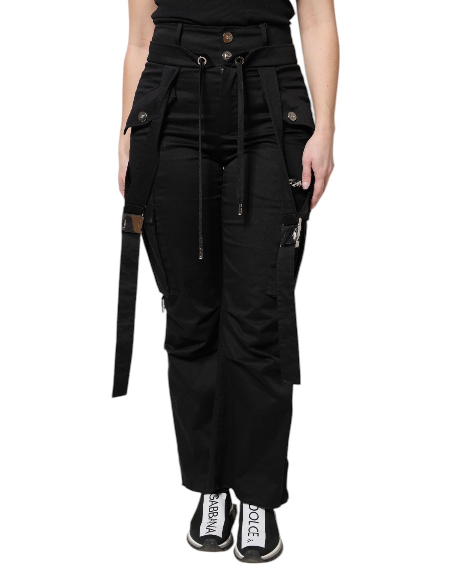 Dolce & Gabbana Black Cotton High Waist Cargo Pants by Dolce & Gabbana