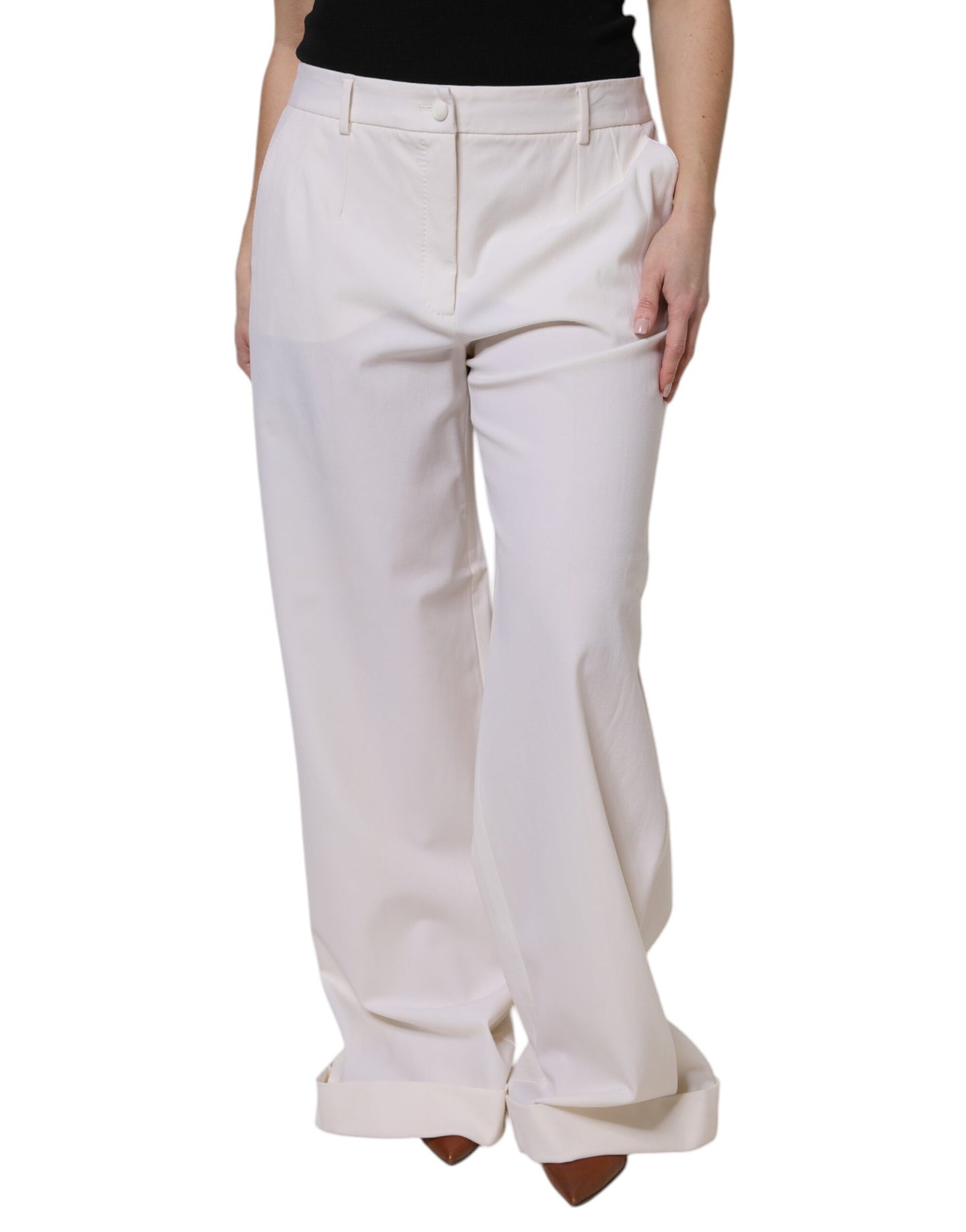 Dolce & Gabbana White Wool Mid Waist Wide Leg Pants by Dolce & Gabbana
