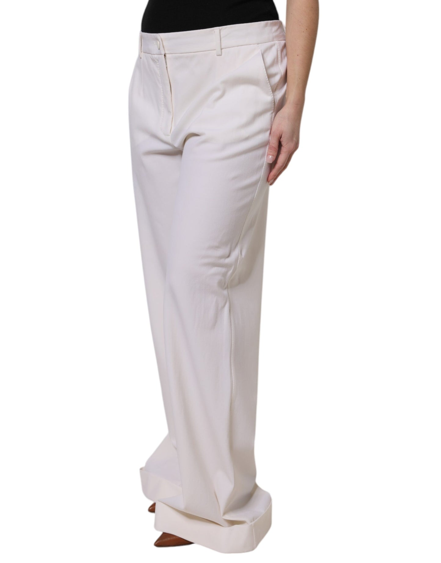 Dolce & Gabbana White Wool Mid Waist Wide Leg Pants by Dolce & Gabbana