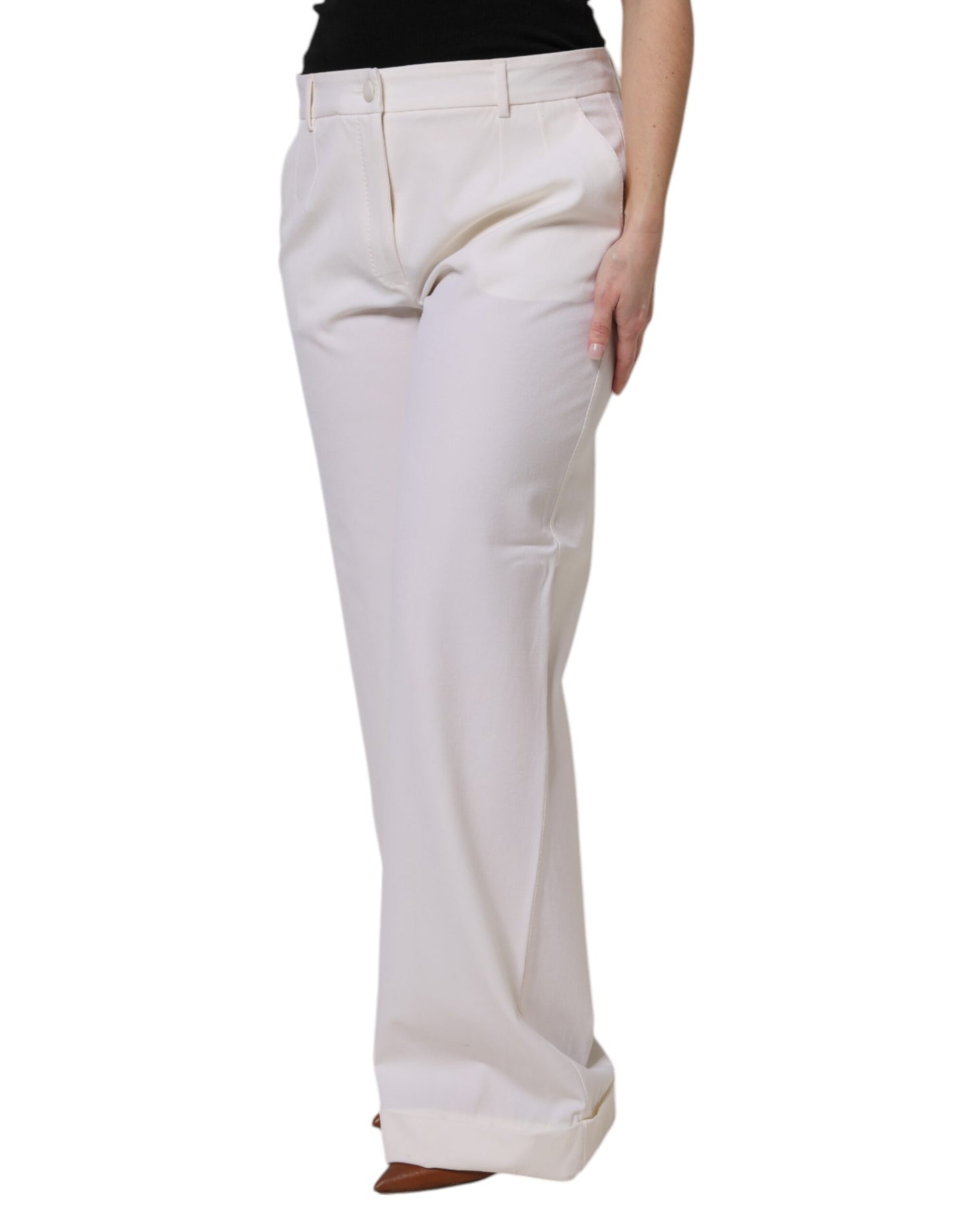 Dolce & Gabbana White Wool Mid Waist Wide Leg Pants by Dolce & Gabbana