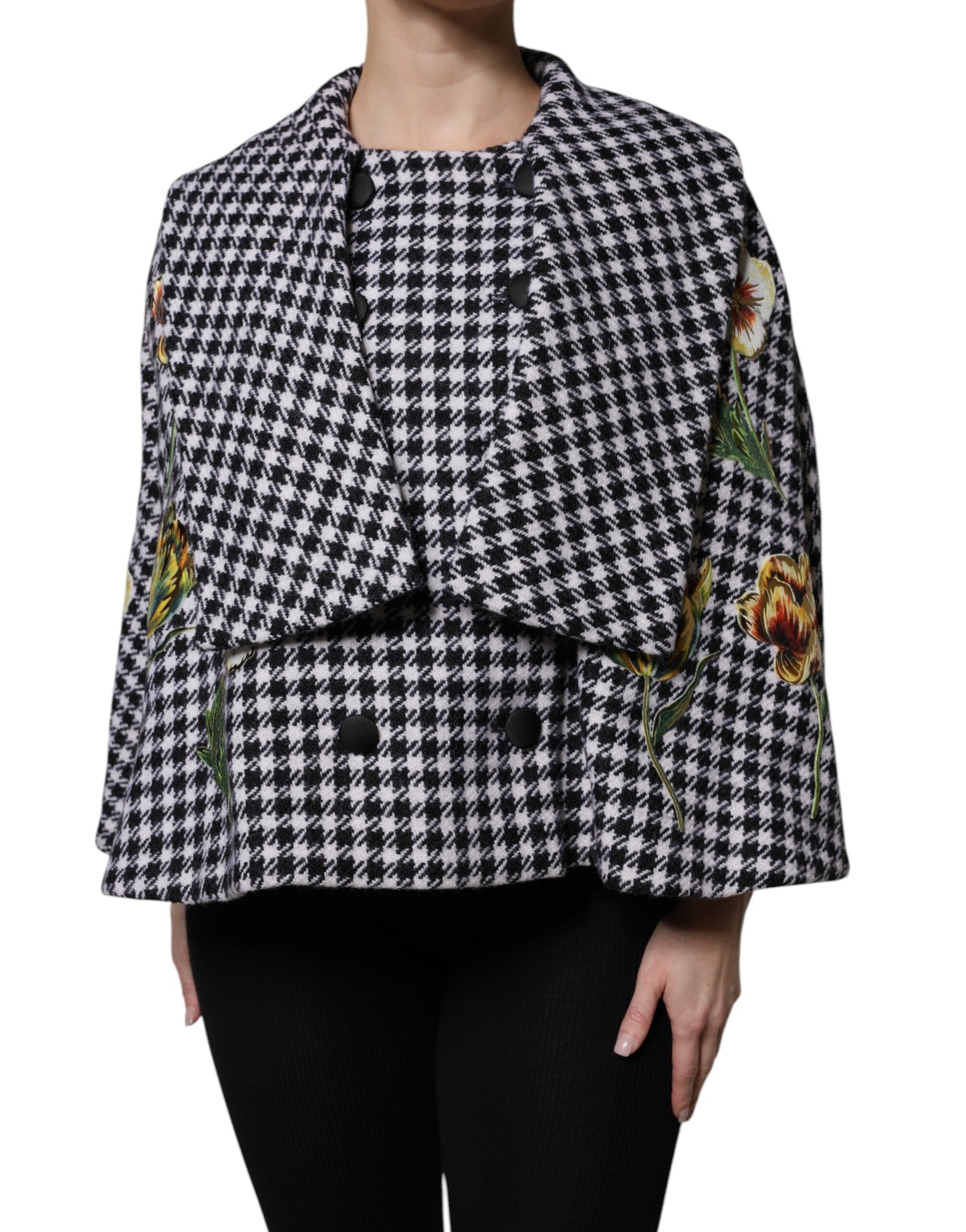Dolce &amp; Gabbana Black White Monochrome Patterned Floral Cape Jacket