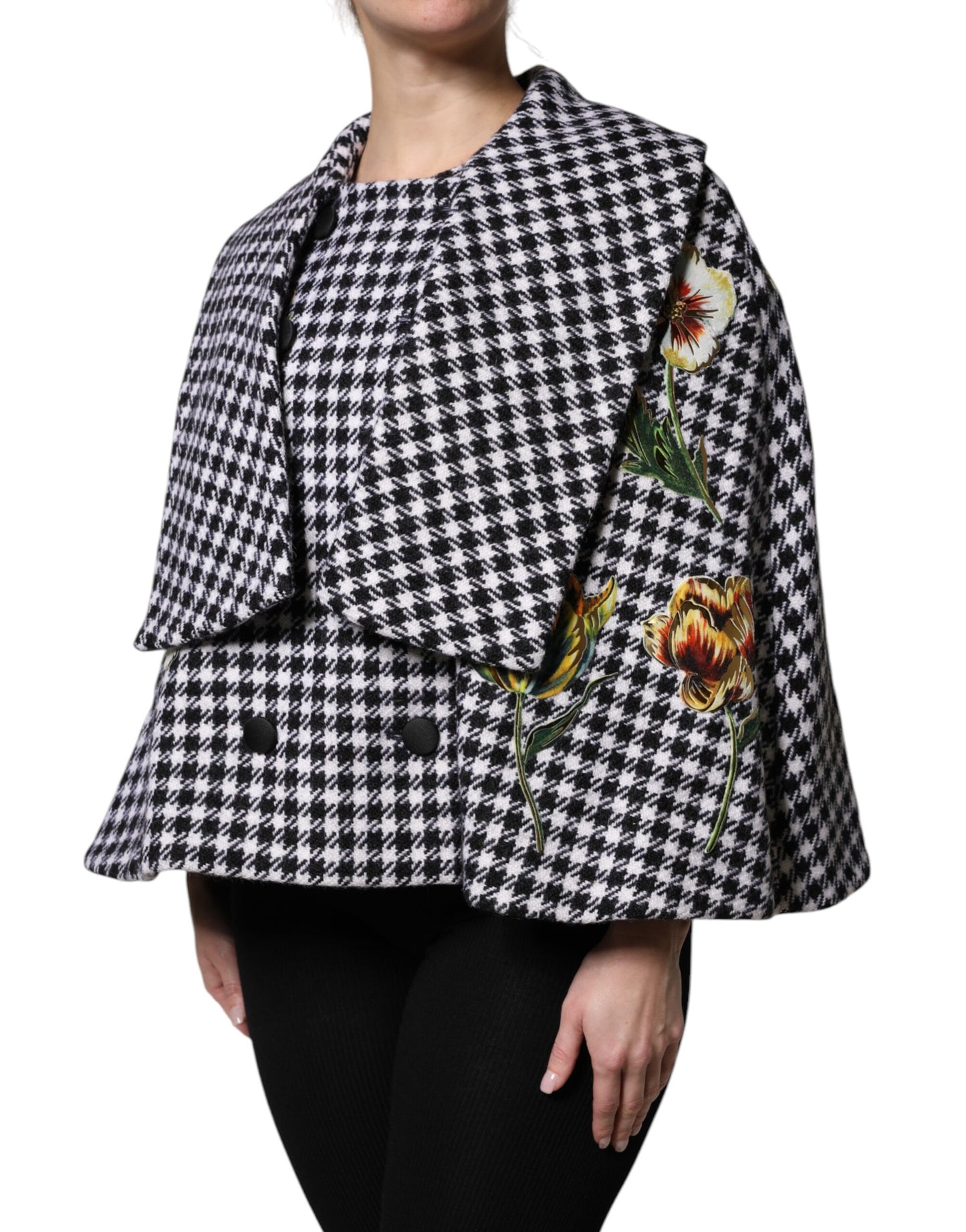 Dolce &amp; Gabbana Black White Monochrome Patterned Floral Cape Jacket