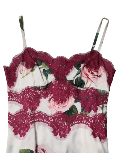 Dolce & Gabbana White Rose Print Satin Lace Tank Top Lingerie by Dolce & Gabbana