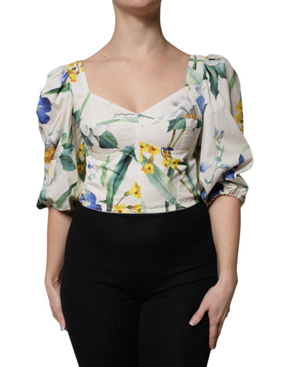 Dolce & Gabbana White Floral Puff Sleeves Crop Blouse Top by Dolce & Gabbana